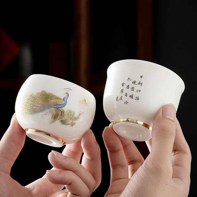 Dehua suet jade white porcelain peacock cup handmade master cup kung fu tea set cup household tea box set