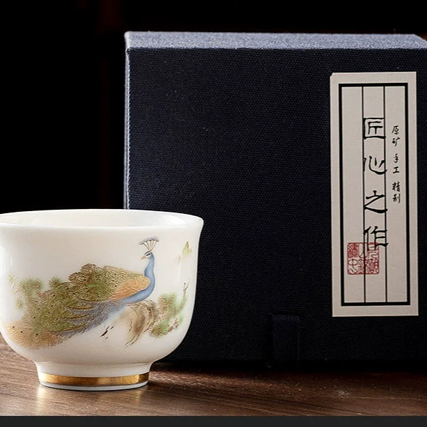 Dehua suet jade white porcelain peacock cup handmade master cup kung fu tea set cup household tea box set
