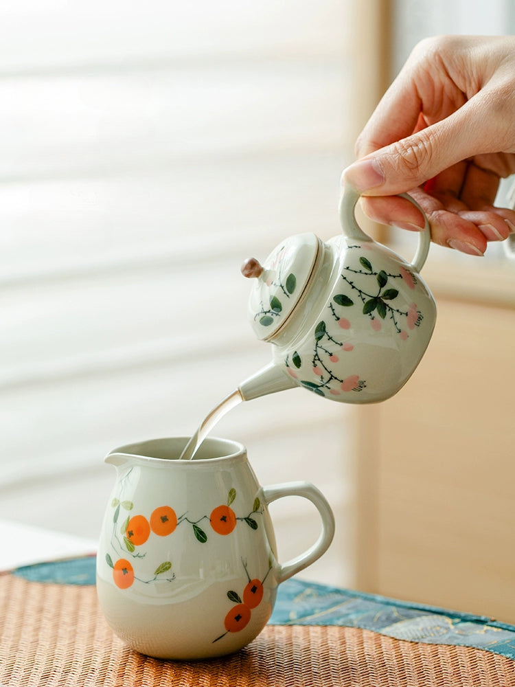 Plant ash + hand + powder falling flower ceramic small tea + tea making and tea drinking household + tea making utensil Kung Fu tea set