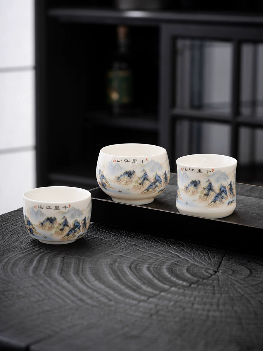 Qianli Jiangshan White Porcelain Kung Fu Small Teacup Master Cup ++ Chinese Ceramic Tea Set Household Tea Cup Tasting Cup