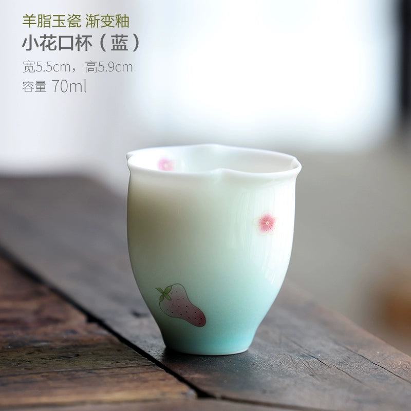 Suet Jade Porcelain Glaze Tea Cup | Small Fresh Teacup Strawberry Master Cup Ceramic Kung Fu Tea Set Flower Cup