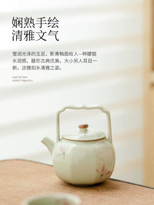 純手繪粉蘭花八方提梁壺陶瓷茶壺泡茶器功夫茶具家用溫煮茶爐