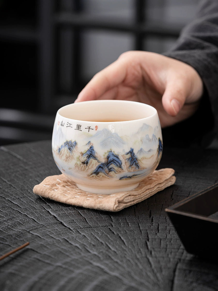 Qianli Jiangshan White Porcelain Kung Fu Small Teacup Master Cup ++ Chinese Ceramic Tea Set Household Tea Cup Tasting Cup