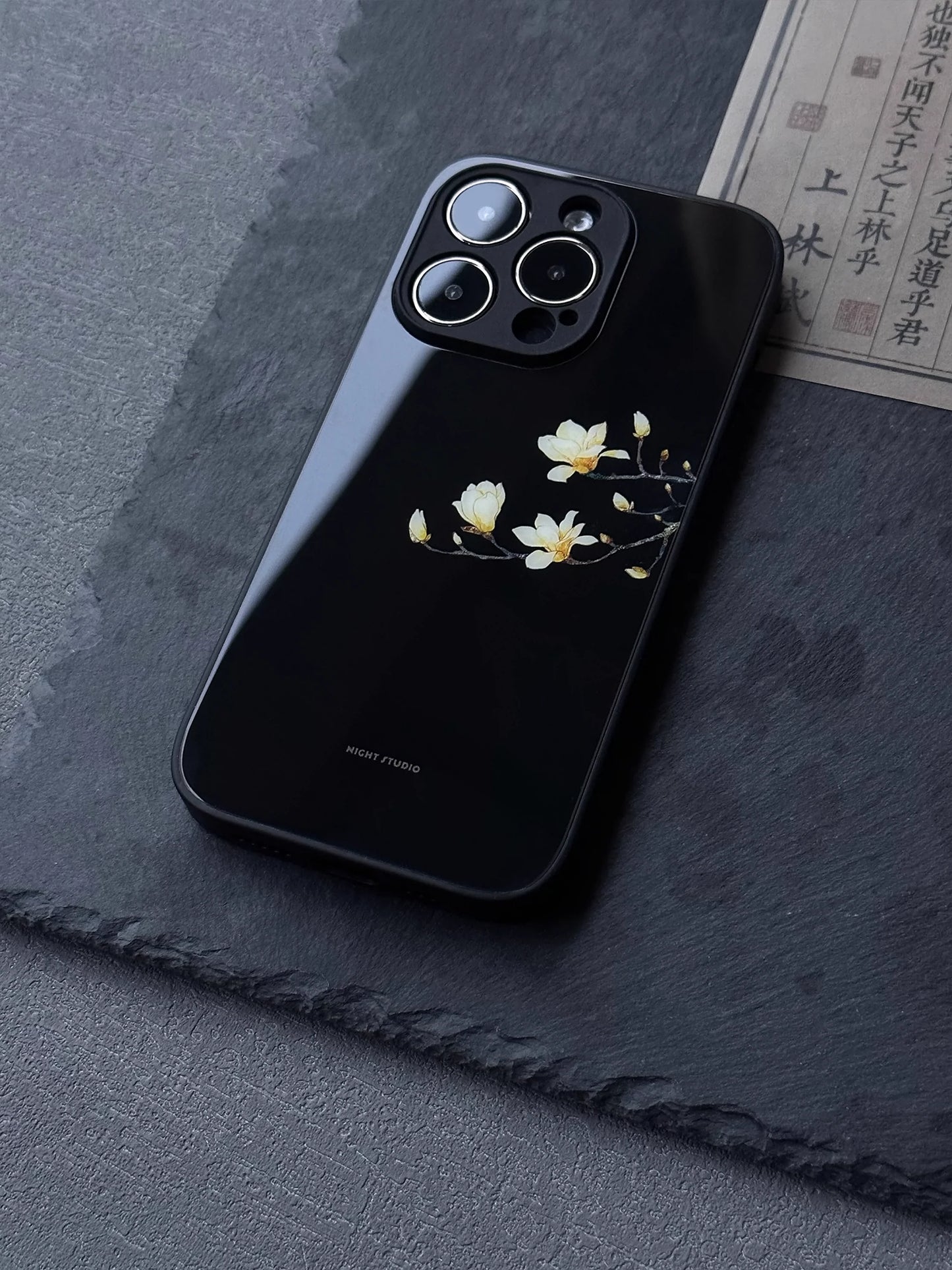 Night Studio White Magnolia Black Phone Case