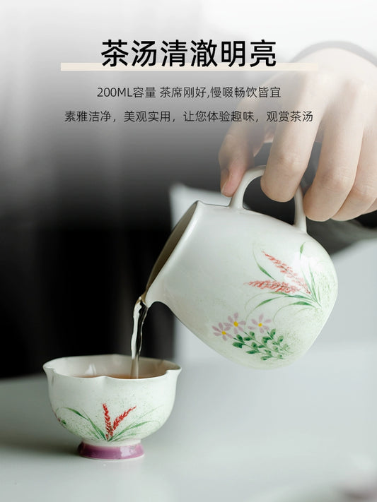 純手繪蘆葦灑綠龍蛋公道杯家用陶瓷分茶勻杯茶海單個功夫茶具