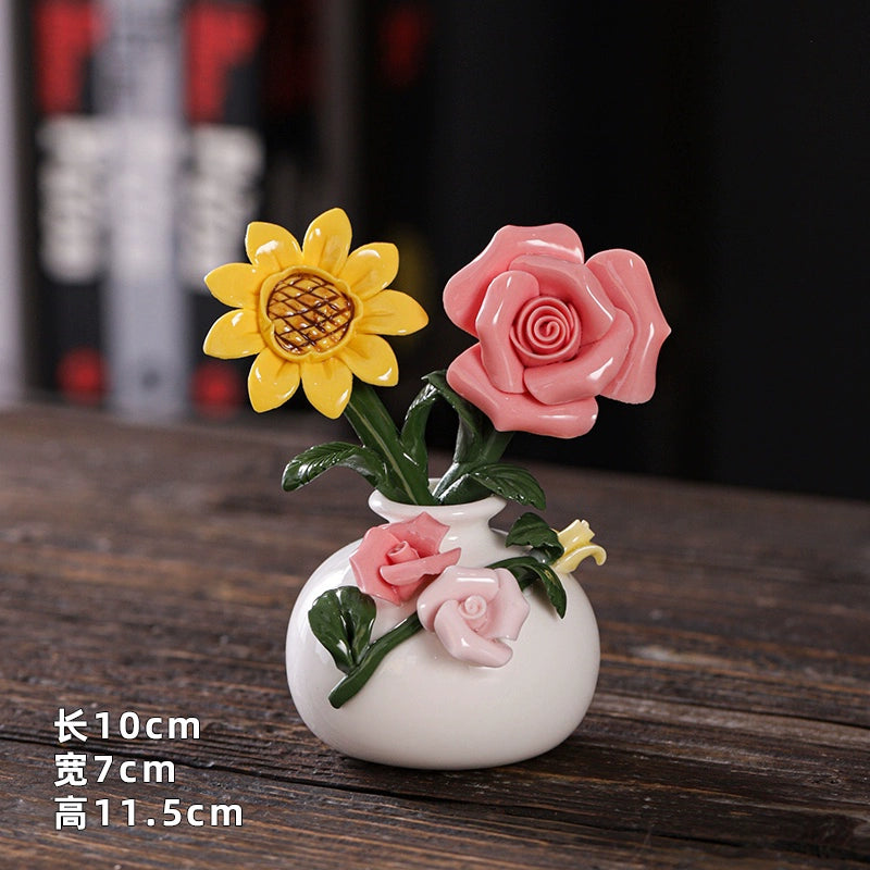 Hand-squeezed ceramic flower branch vase flower insert cover peony flower home furnishing room desktop flower utensils