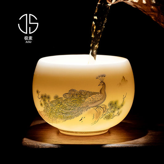 Dehua suet jade white porcelain peacock cup handmade master cup kung fu tea set cup household tea box set