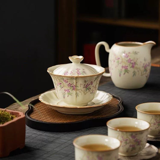 米黃汝窯蓋碗單個高檔茶杯家用泡茶碗陶瓷不燙手蓋碗泡茶功夫茶具
