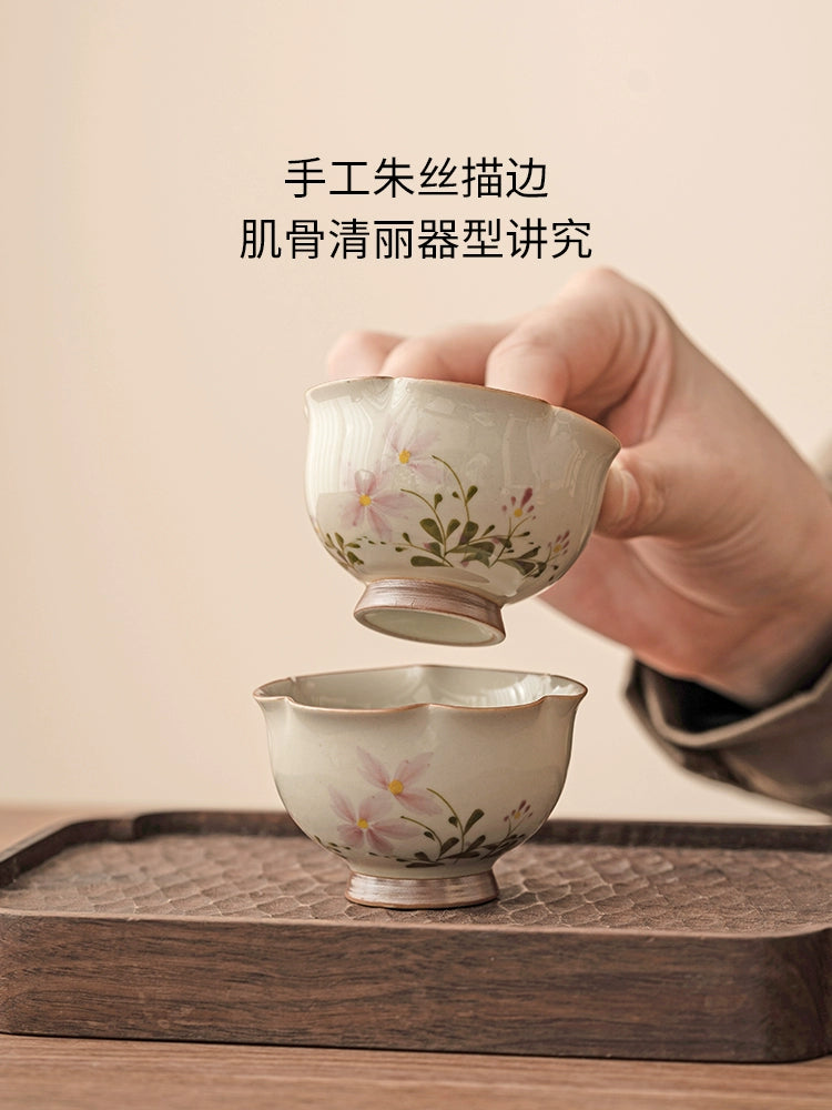 Plant ash small + chrysanthemum bud cup drinking teacup ceramic master cup + cup household kung fu tea set tea cup