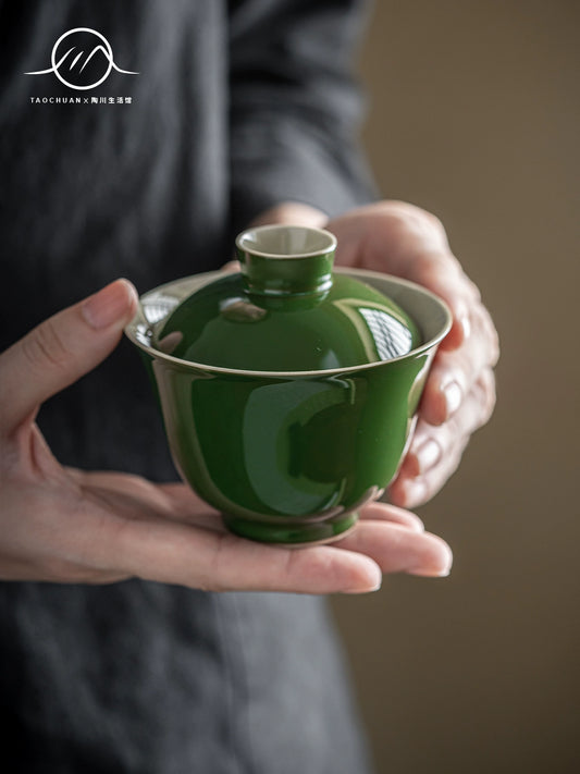 陶川 祖母綠功夫茶具單個陶瓷泡茶碗防燙家用茶碗草木灰仿古蓋碗