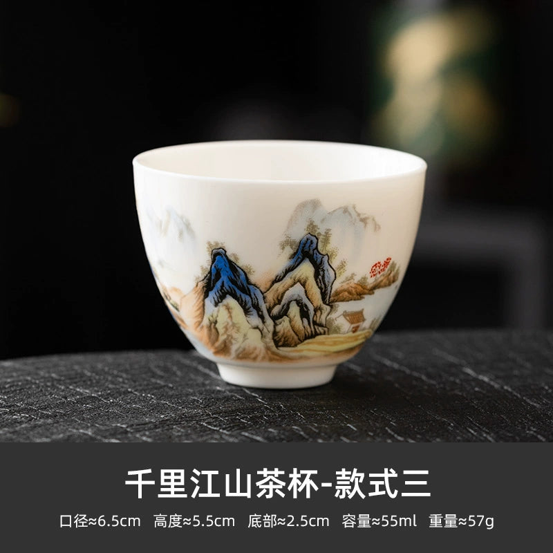 Qianli Jiangshan White Porcelain Kung Fu Small Teacup Master Cup ++ Chinese Ceramic Tea Set Household Tea Cup Tasting Cup