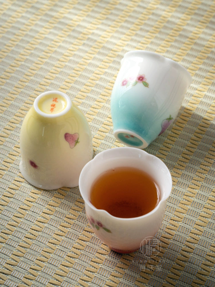 Suet Jade Porcelain Glaze Tea Cup | Small Fresh Teacup Strawberry Master Cup Ceramic Kung Fu Tea Set Flower Cup