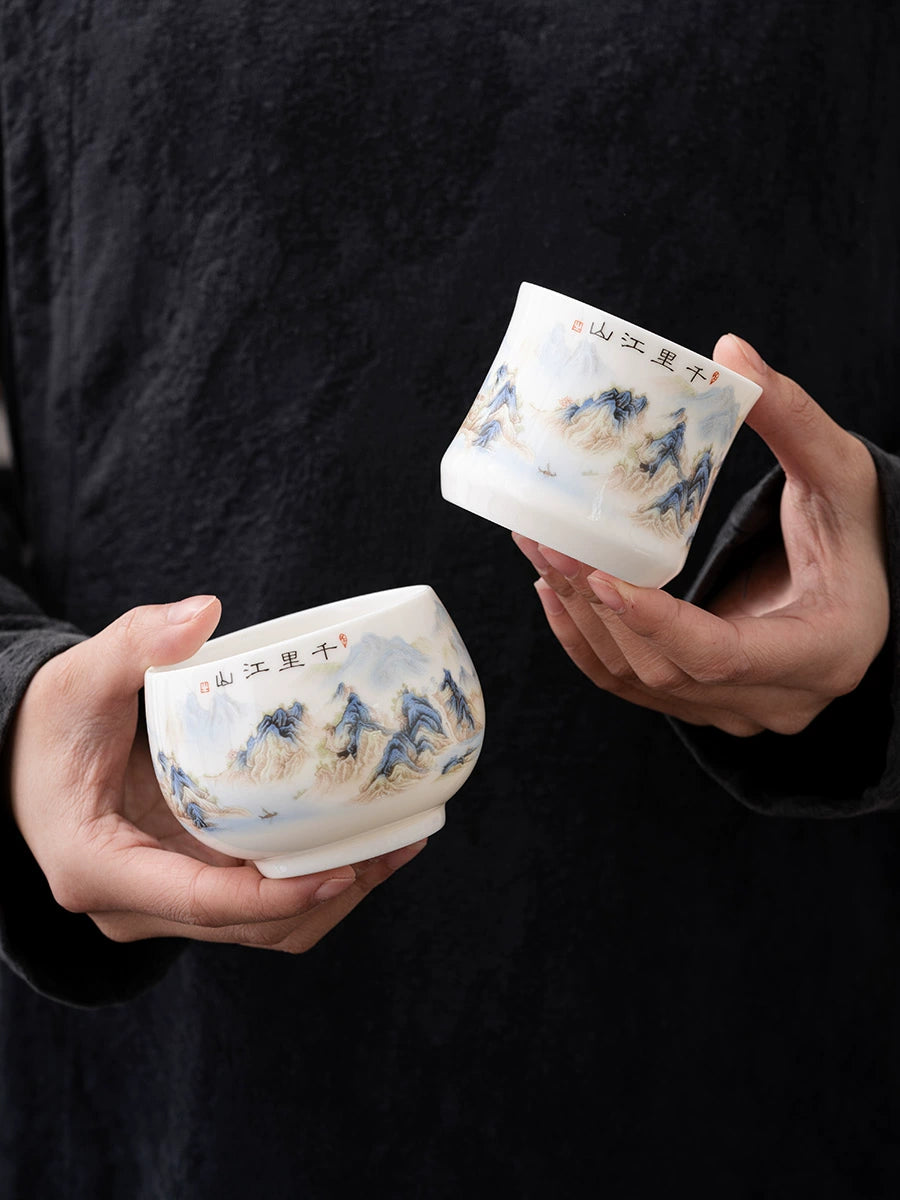 Qianli Jiangshan White Porcelain Kung Fu Small Teacup Master Cup ++ Chinese Ceramic Tea Set Household Tea Cup Tasting Cup