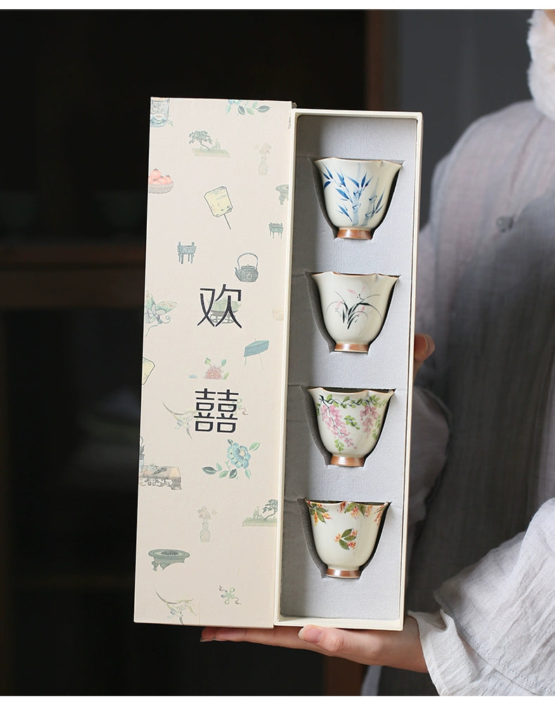 Plant ash hand + bamboo underglaze color + fragrant cup Kung Fu tea set women's small teacup cover + Chinese style