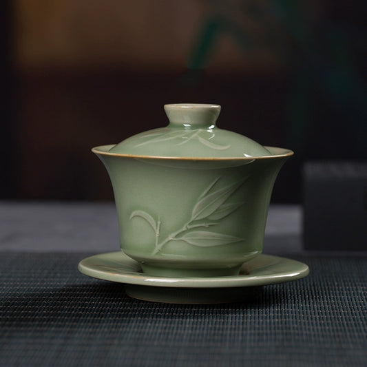 龍泉青瓷功夫茶具蓋碗三才家用大號泡茶碗陶瓷越窯帶蓋茶道敬茶杯