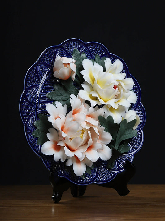 新中式陶瓷瓷花掛盤擺件博古架客廳桌面家居裝飾酒櫃工藝品禮物