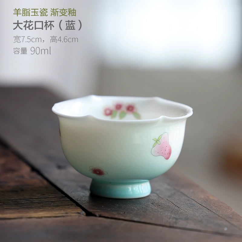 Suet Jade Porcelain Glaze Tea Cup | Small Fresh Teacup Strawberry Master Cup Ceramic Kung Fu Tea Set Flower Cup