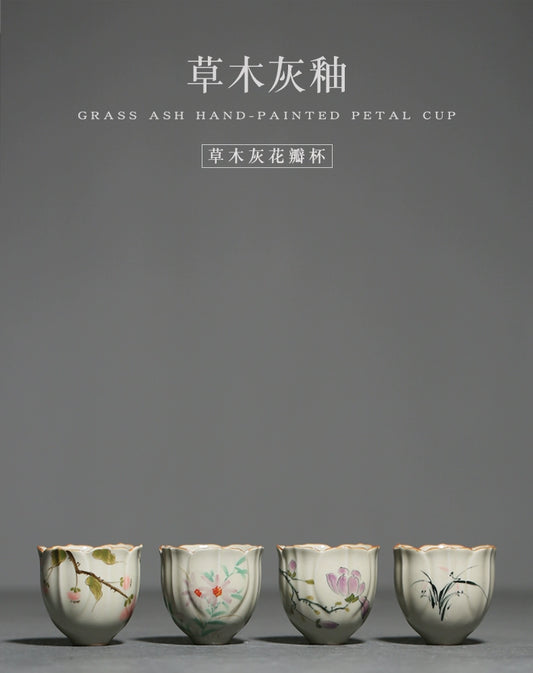 Grass and wood ash hand + small flower mouth cup master cup underglaze color kung fu tea set + cup + fragrant cup